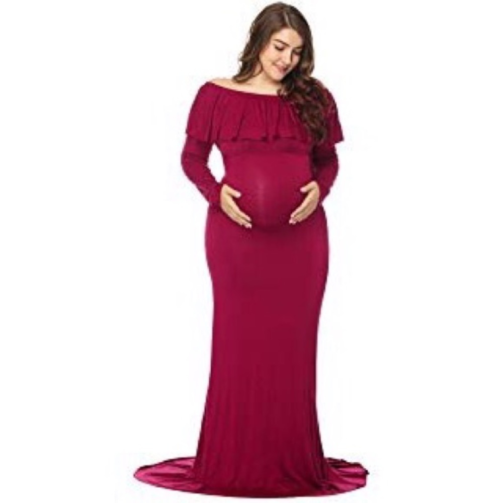Crimson/wine off-the-shoulder maternity dress
